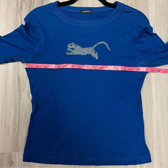 NWOT eyeshadow blue top with bling cat sz L vintage Y2K Long sleeves 100% Cotton - Picture 4 of 13